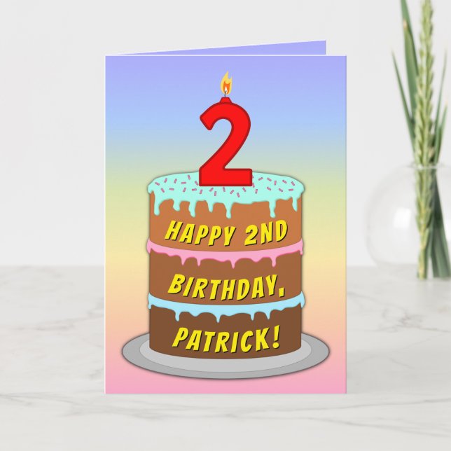 2nd Birthday — Fun Cake & Candle, With Custom Name Card (Front)