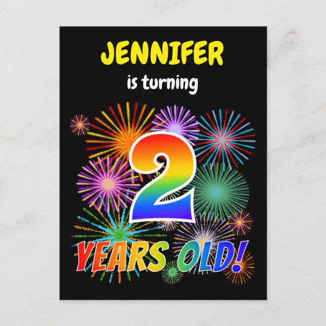 2nd Birthday - Fun Fireworks, Rainbow Look "2" Postcard (Front)