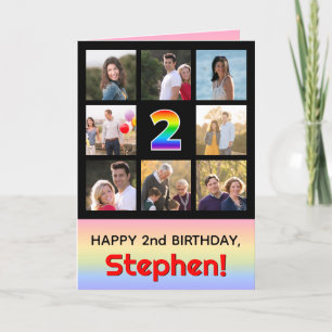 2nd Birthday: Fun Rainbow #, Custom Photos + Name Card
