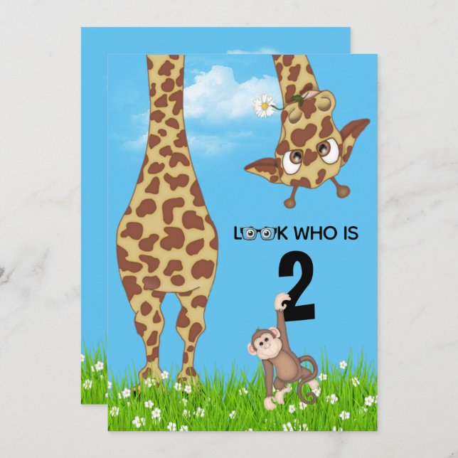 2nd Birthday Giraffe and Monkey in Grass   Invitation (Front/Back)