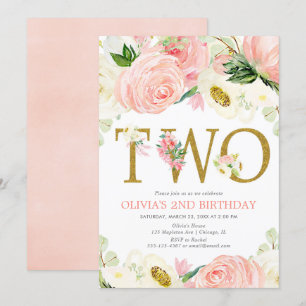 2nd birthday girl, blush pink gold floral elegant invitation