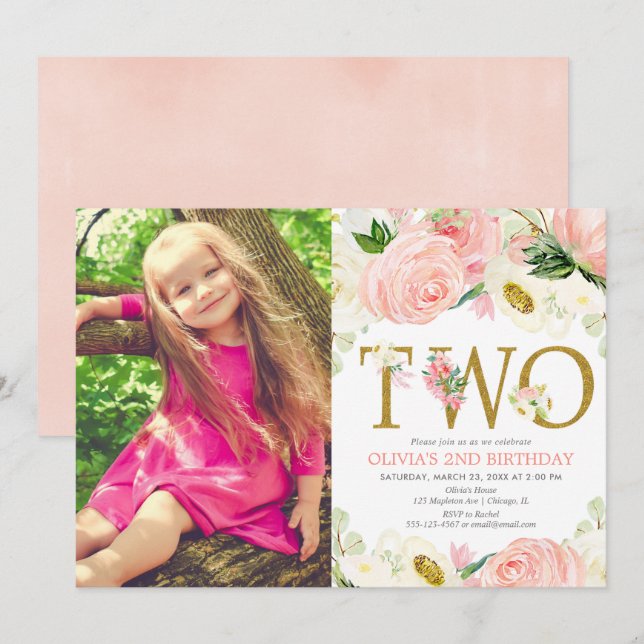 2nd birthday girl, blush pink gold floral photo invitation (Front/Back)