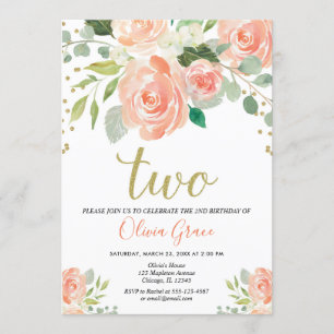 2nd birthday girl peach coral floral girl invitation