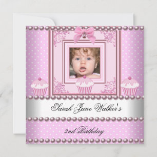 2nd Birthday Girl Pink Cupcakes White Pearl Photo Invitation