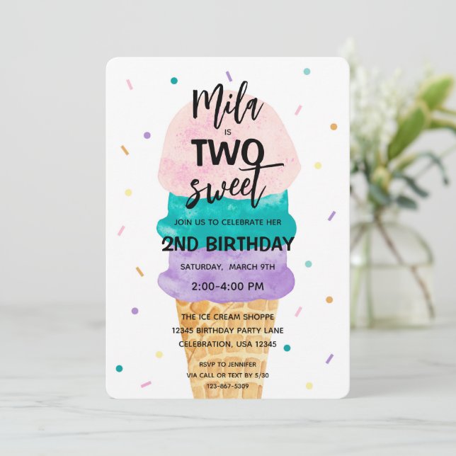 2nd Birthday Girls Ice Cream Party Invitation (Standing Front)