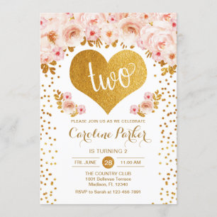 2nd Birthday - Gold Heart White Pink Floral Invitation