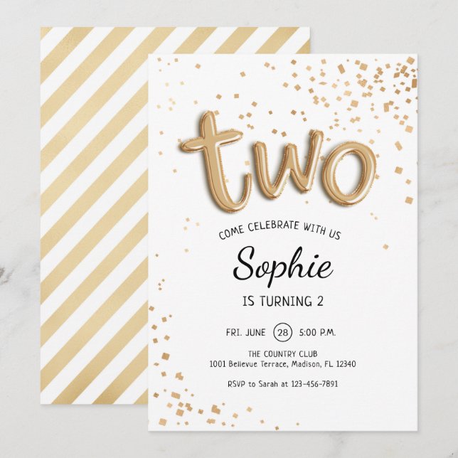 2nd Birthday - Gold White Invitation (Front/Back)