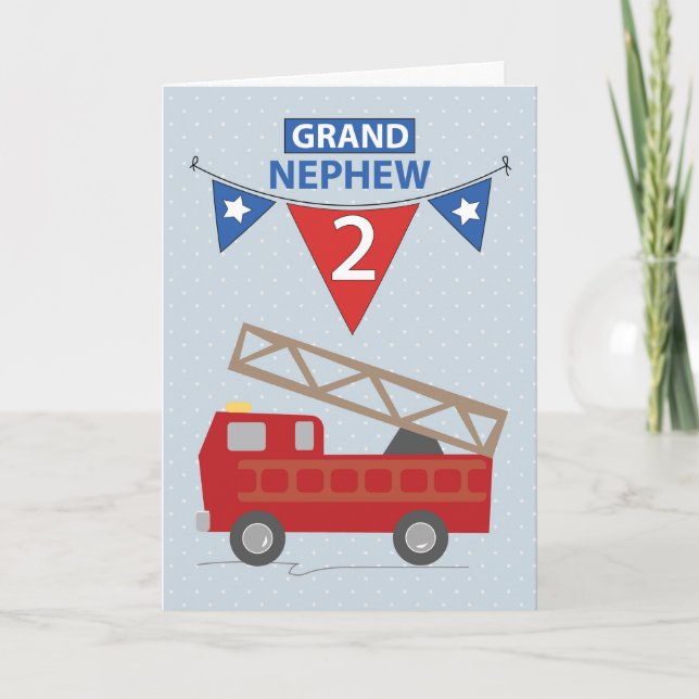 2nd Birthday Grand Nephew Custom Name Firetruck Card (Front)