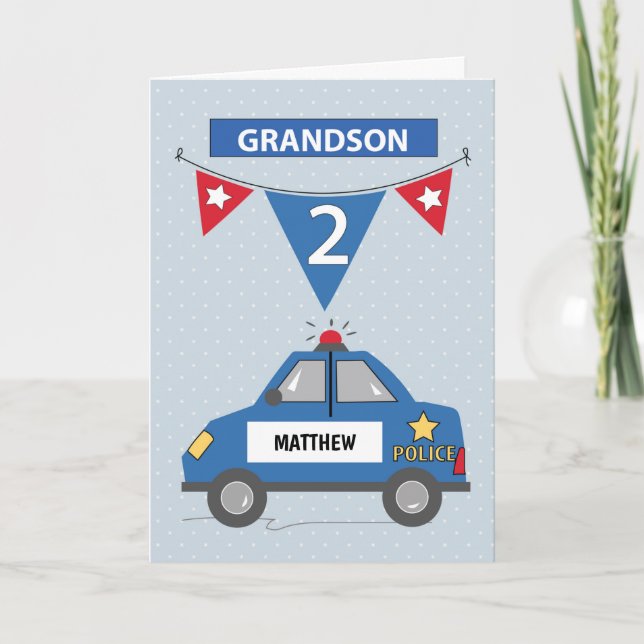 2nd Birthday Grandson Custom Name Blue Police Car Card (Front)
