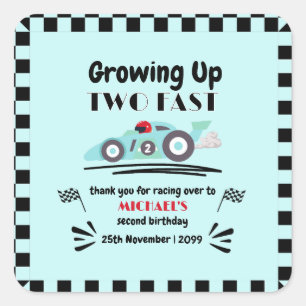 2nd Birthday Growing Up Two Fast Blue Race Car Square Sticker