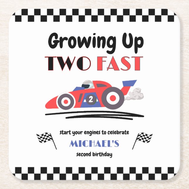 2nd Birthday Growing Up Two Fast Red Blue Race Car Square Paper Coaster (Front)