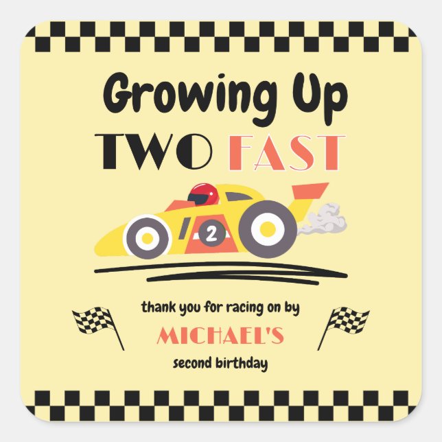 2nd Birthday Growing Up Two Fast Yellow Race Car Square Sticker (Front)