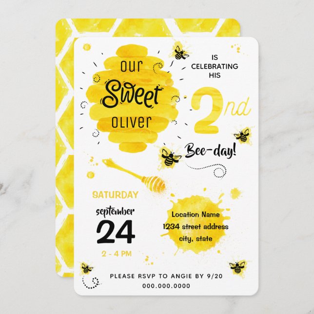 2nd birthday honey bee bee-day party invitation (Front/Back)