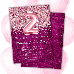 2nd Birthday Invitation Girly Magenta Pink Glitter