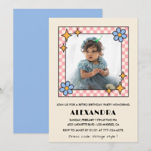 2nd birthday invitation Retro Groovy Blue Floral