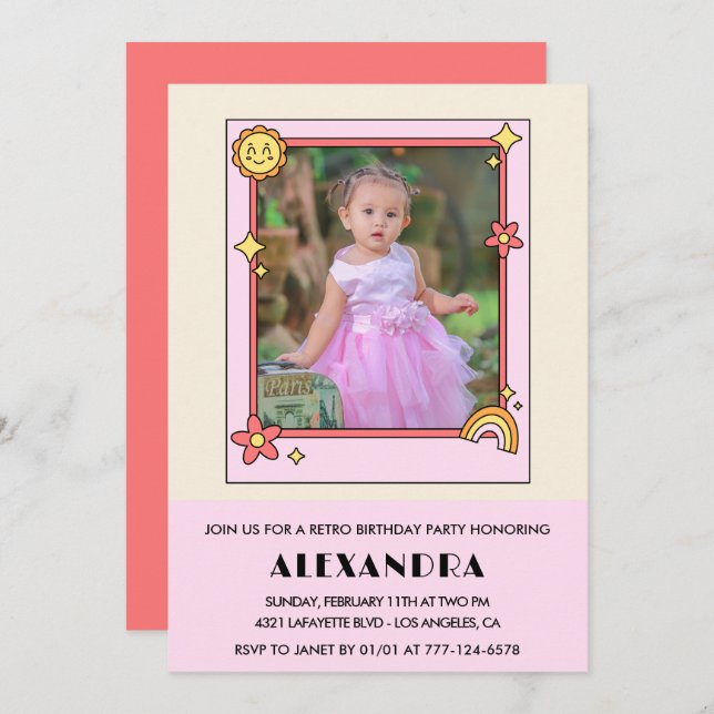 2nd birthday invitation Retro Groovy Pink Floral (Front/Back)