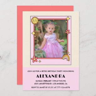 2nd birthday invitation Retro Groovy Pink Floral
