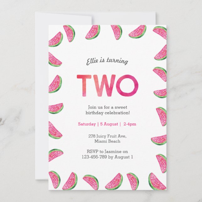 2nd Birthday Invitation | tropical watermelon pink (Front)
