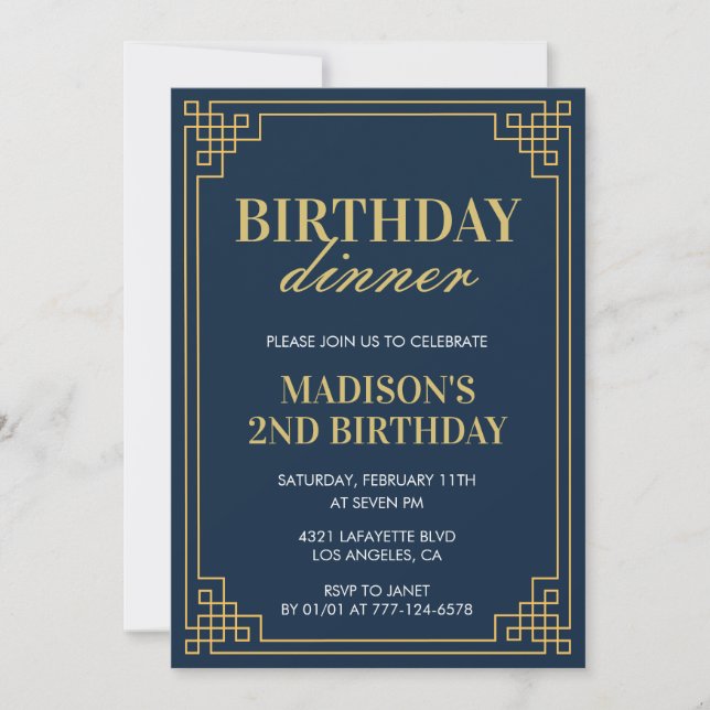 2nd birthday invitations Birthday dinner girl navy (Front)