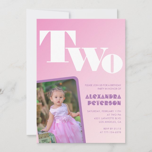2nd birthday invitations Girl Pink Gradient Photo (Front)