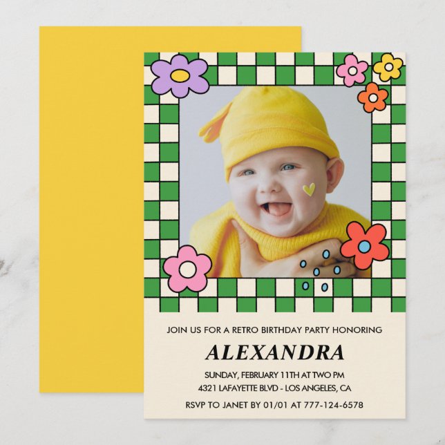 2nd birthday invitations Retro Groovy Flowers (Front/Back)