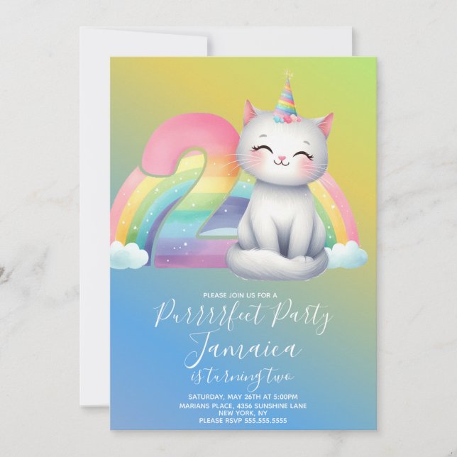 2nd Birthday Kitten Rainbow Party Invitation (Front)