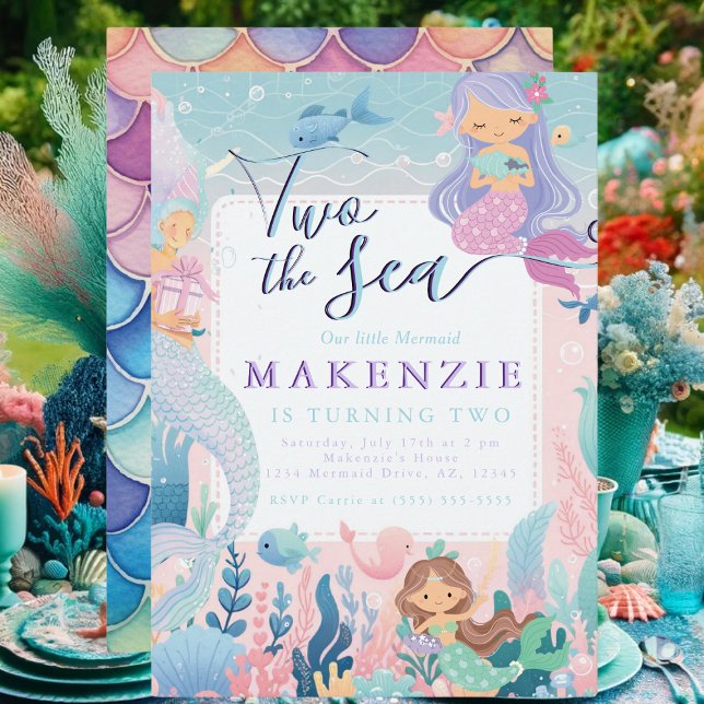 2nd Birthday Mermaid Invitation (Mermaid birthday party invitation for 2 year old.)