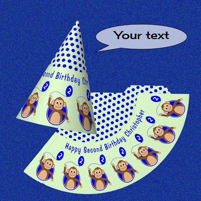 2nd birthday monkey kids blue green party hat (Creator Uploaded)