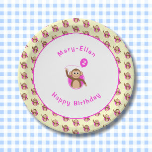 2nd birthday monkey pink cream pattern paper plate