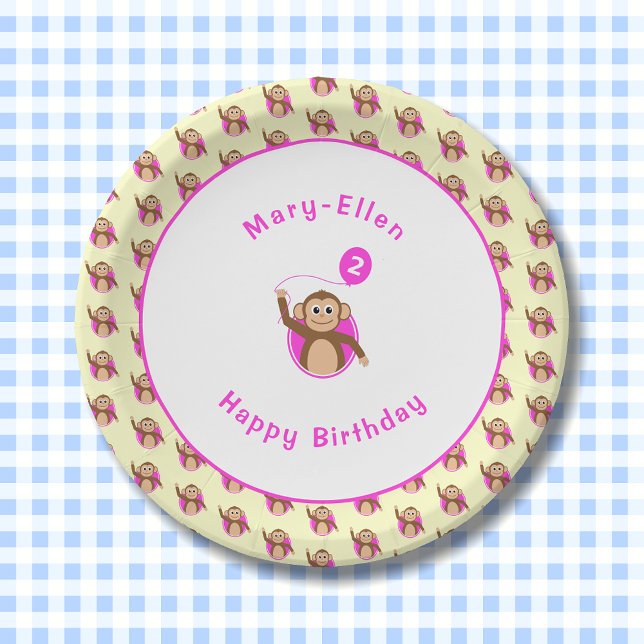 2nd birthday monkey pink cream pattern paper plate (Creator Uploaded)