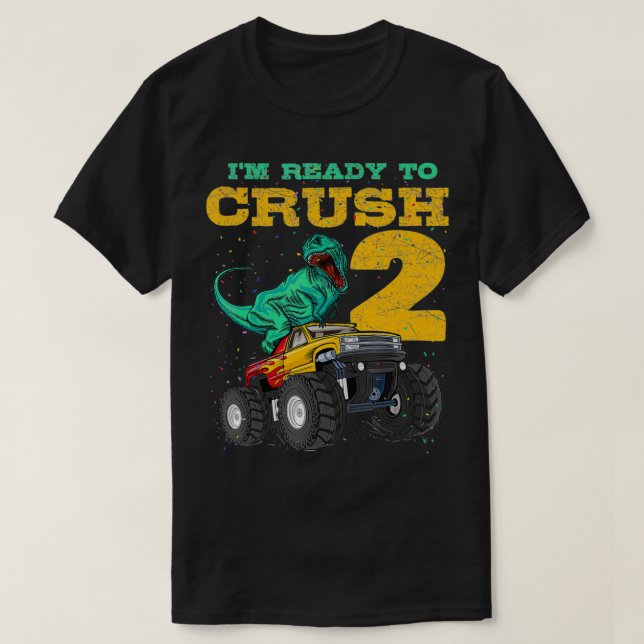 2nd Birthday Monster Truck Dino 2 Years Old Bday  T-Shirt (Design Front)