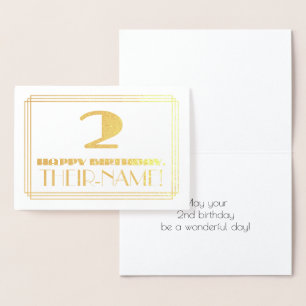 2nd Birthday; Name + Art Deco Inspired Look "2" Foil Card