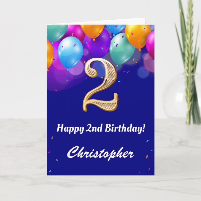 2nd Birthday Navy Blue and Gold Colourful Balloons Card (Front)