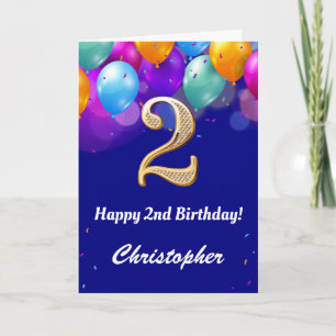 2nd Birthday Navy Blue and Gold Colourful Balloons Card