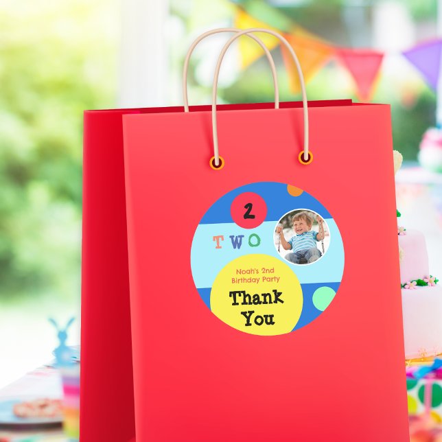 2nd Birthday Party Bright Modern Fun Thank You Classic Round Sticker (A colorful and bright custom sticker with Thank You message, for a 2nd birthday party)