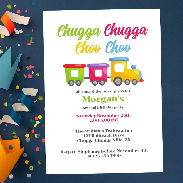 2nd Birthday Party Chugga Choo Colourful Train Invitation (Creator Uploaded)