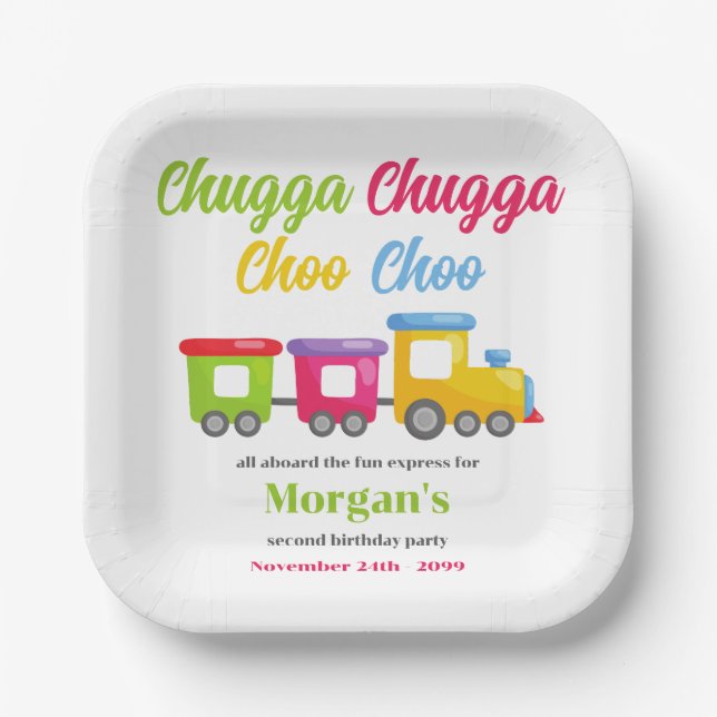 2nd Birthday Party Chugga Choo Colourful Train Paper Plate (Front)
