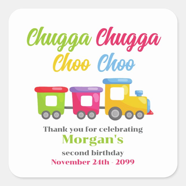 2nd Birthday Party Chugga Choo Colourful Train Square Sticker (Front)