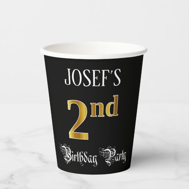 2nd Birthday Party — Fancy Script, Faux Gold Look Paper Cups (Front)
