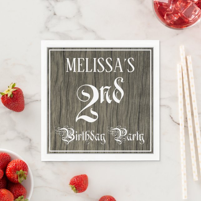 2nd Birthday Party — Fancy Script, Faux Wood Look Napkin (Insitu)