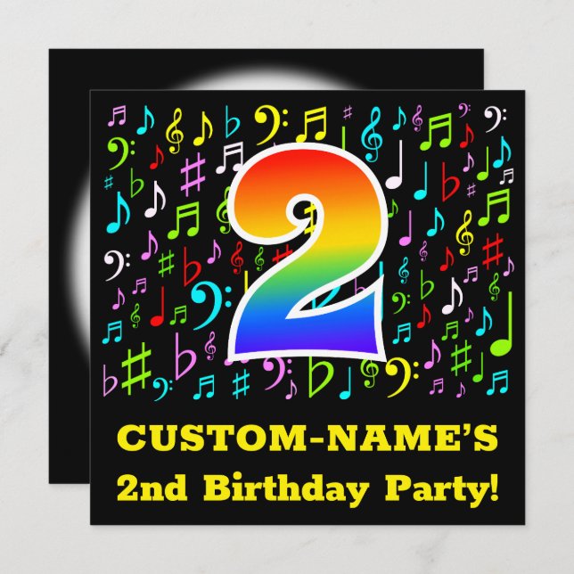 2nd Birthday Party: Fun Music Symbols, Rainbow 2 Invitation (Front/Back)