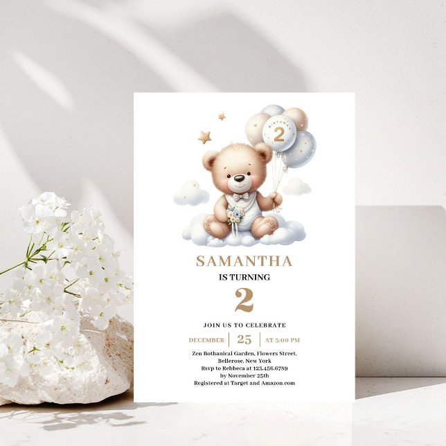 2nd Birthday Party Invite Teddy Bear Gold Theme (2nd Birthday Party Invite Teddy Bear Gold Theme)