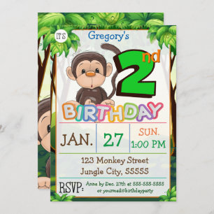 2nd Birthday Party Monkey Custom Invitation