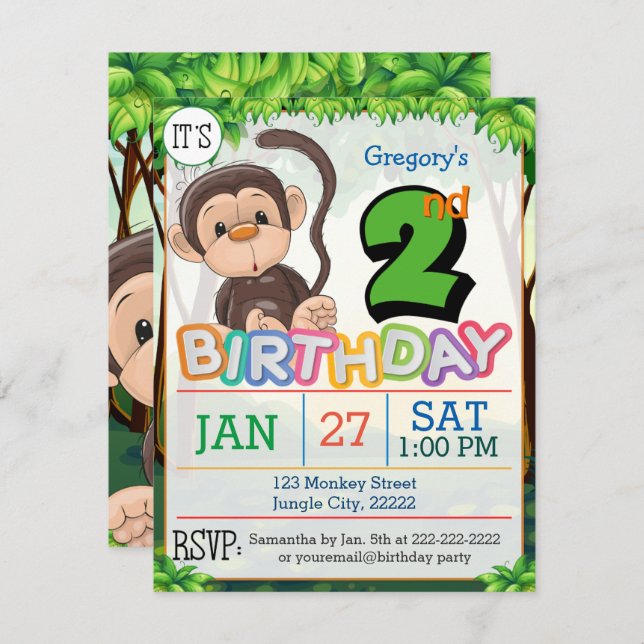 2nd Birthday Party Monkey Invitation (Front/Back)