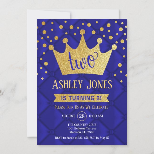 2nd Birthday Party - Royal Blue Gold Invitation (Front)