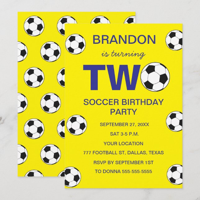 2nd Birthday Party Soccer Yellow Boys Sports Invitation (Front/Back)