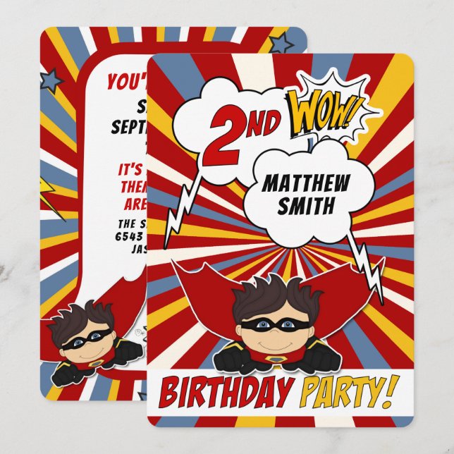 2nd Birthday Party Superhero Red Comic for Boys Invitation (Front/Back)