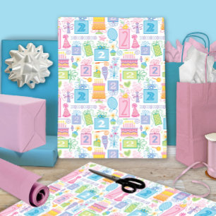 2nd Birthday Pastel Pink Cake Presents Balloons Wrapping Paper Sheet
