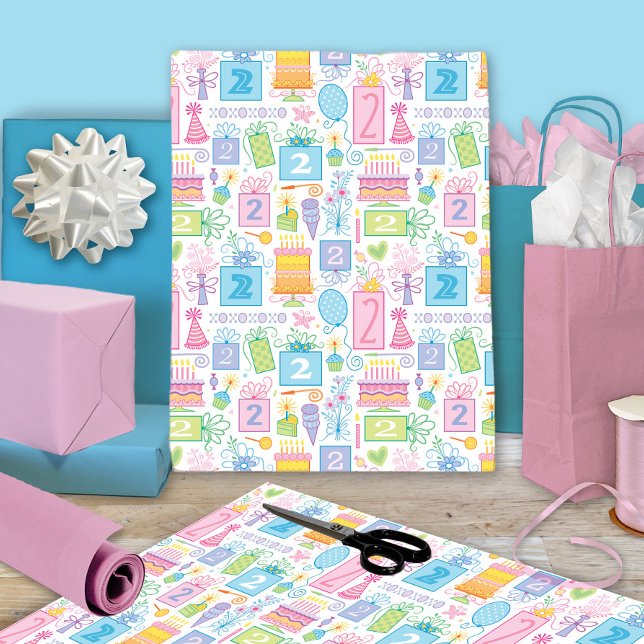 2nd Birthday Pastel Pink Cake Presents Balloons Wrapping Paper Sheet (Creator Uploaded)