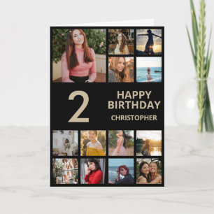 2nd Birthday Photo Collage 13 Photos Black & Gold Card